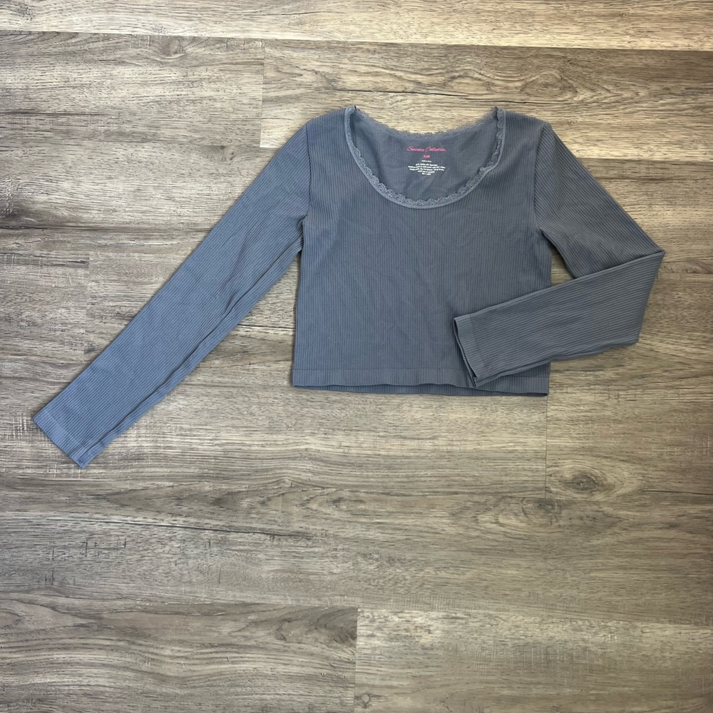 Suzette Collection Women's CropRibbed Long Sleeve‎ Shirt Lace Detail Size Sm